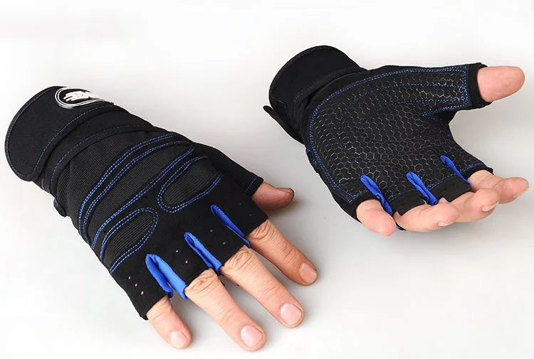 Black training gloves with blue accents, padded palms, and finger-separated design