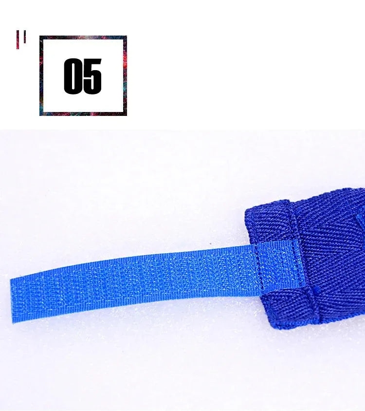 Blue cotton wrist wrap roll with fastening strip and stitched wrap end