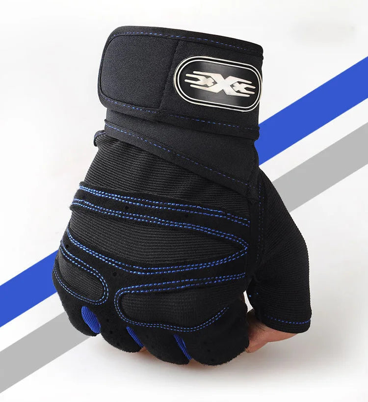 Black training gloves with blue stitching and logo patch on extended wrist