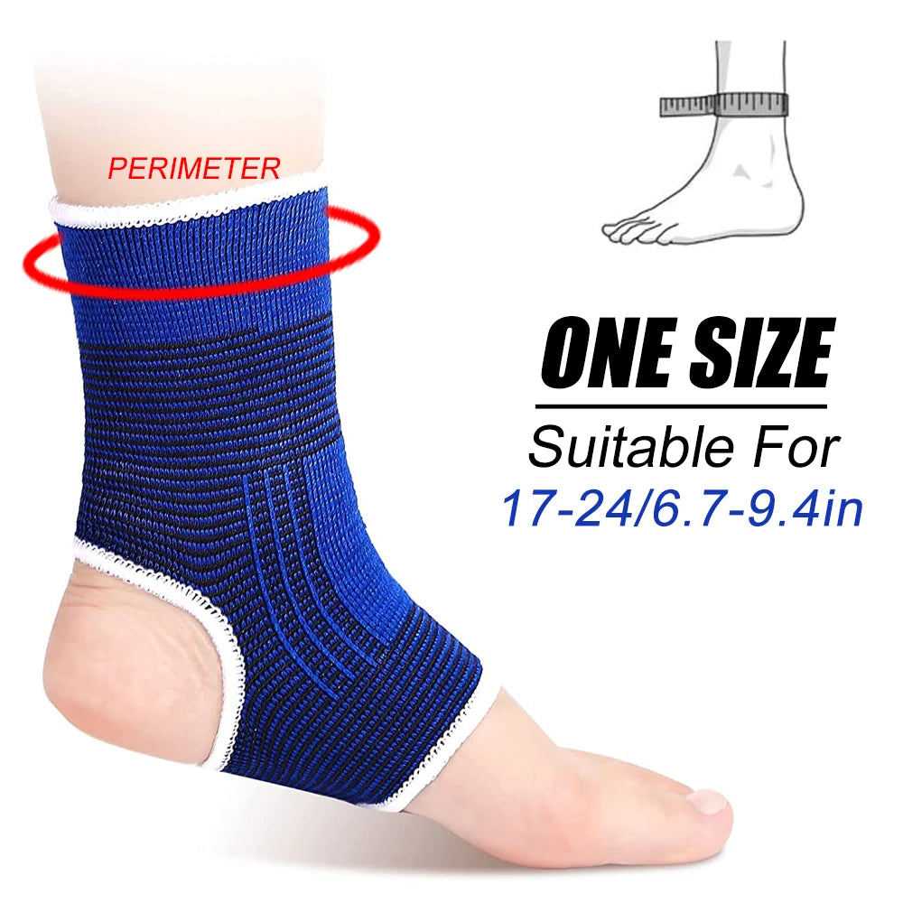 Blue ankle guard sleeve on foot, one-size knit compression cuff with white trim and heel opening