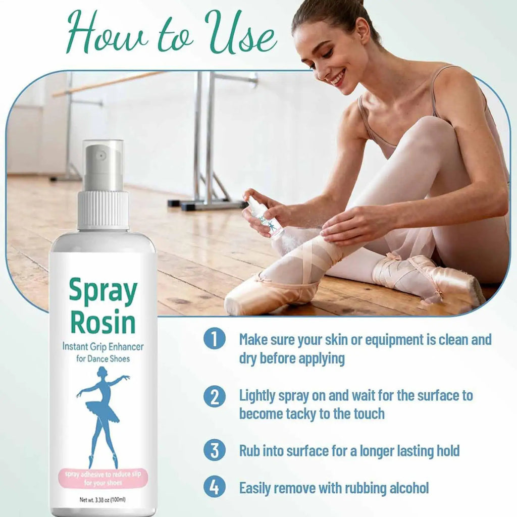 Rosin grip spray bottle with pump near ballet shoes, with how-to use steps