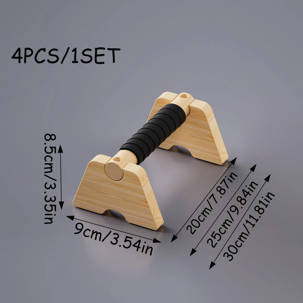 Wooden parallettes set with black grip pads, arched bases, and size dimensions