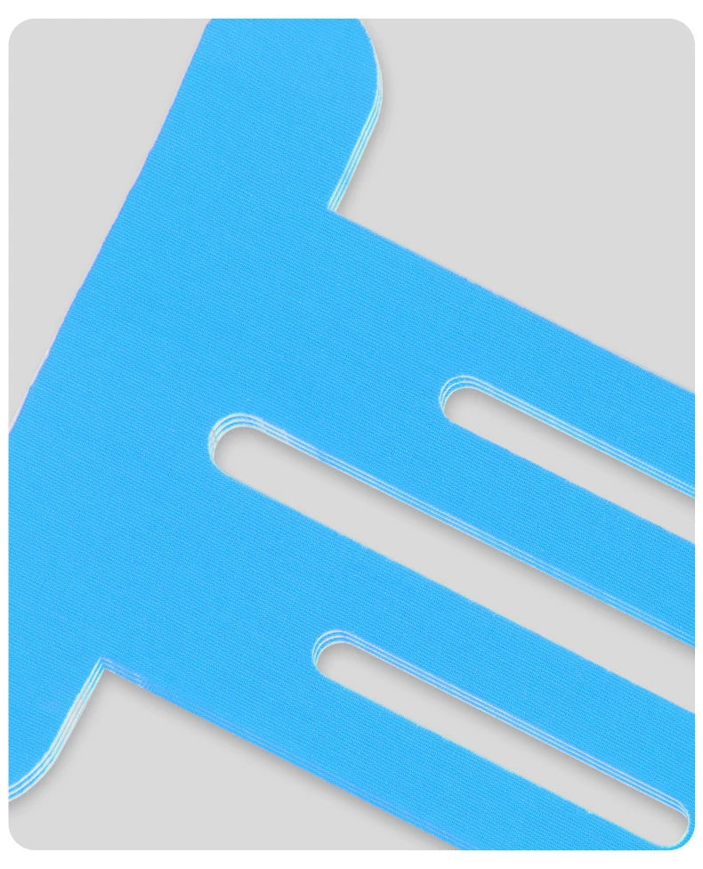Blue precut knee tape strips with finger-loop cutouts