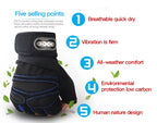 Black training gloves with blue trim and knuckle padding, wrist strap with logo patch