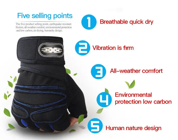 Black training gloves with blue trim and knuckle padding, wrist strap with logo patch