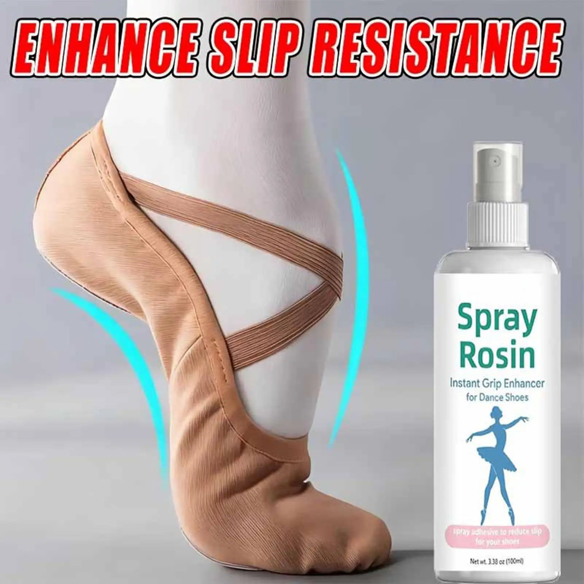 Tan ballet slipper with non-slip grip, with rosin spray bottle beside it