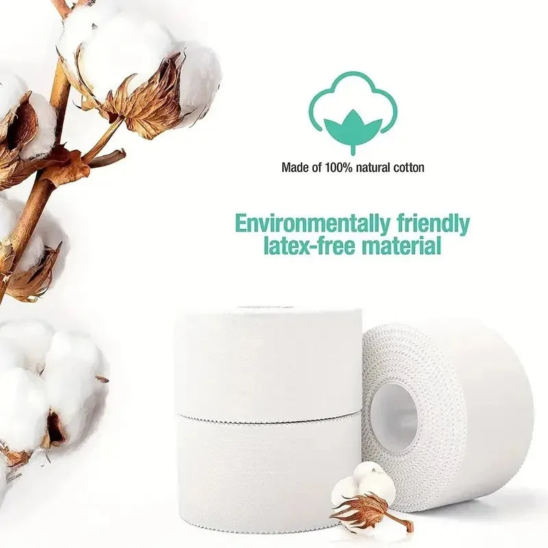 White cotton athletic trainer tape rolls, one roll shown with textured backing