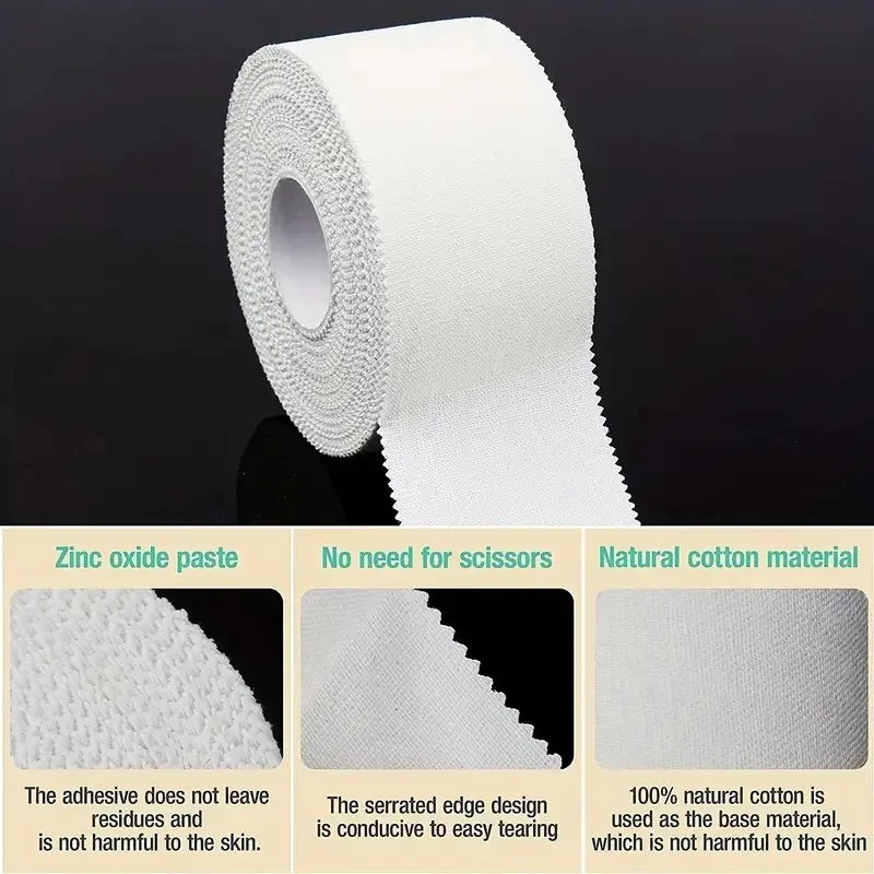 White athletic trainer tape roll with serrated edge strip and fabric weave close-up