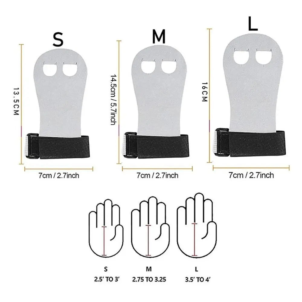 Size chart for aerial grip wristbands showing S, M, L dimensions and hand outlines