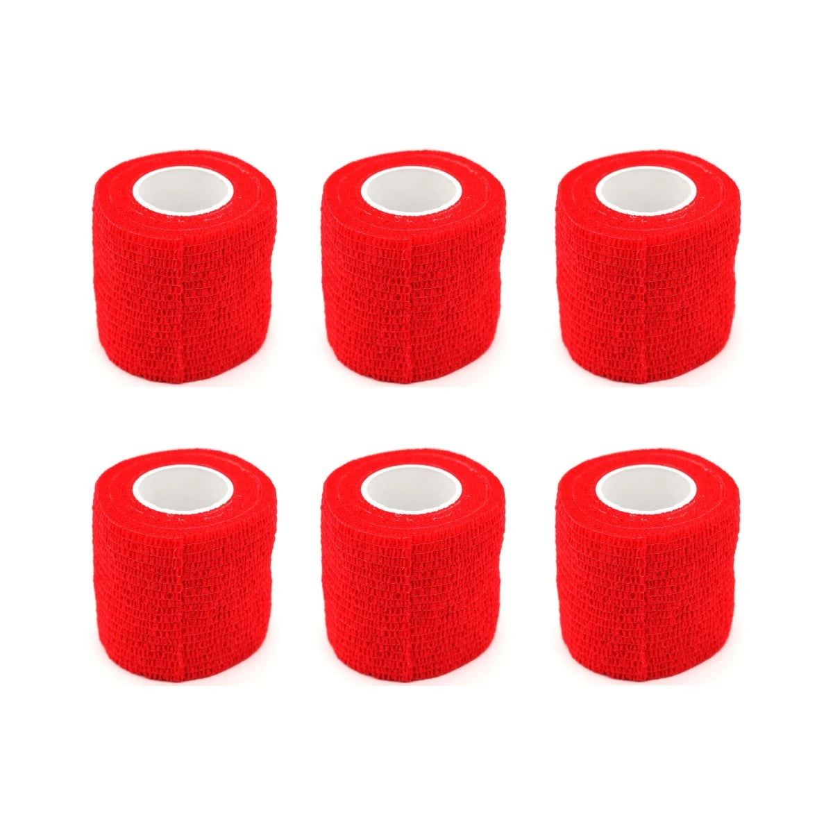 Set of red self-adhesive wrist bandage rolls with white inner cores