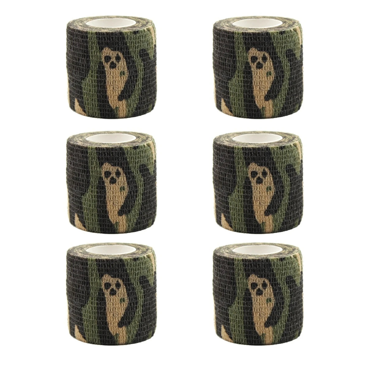 Set of brown leopard-pattern self-adhesive wrist bandage rolls with white inner cores