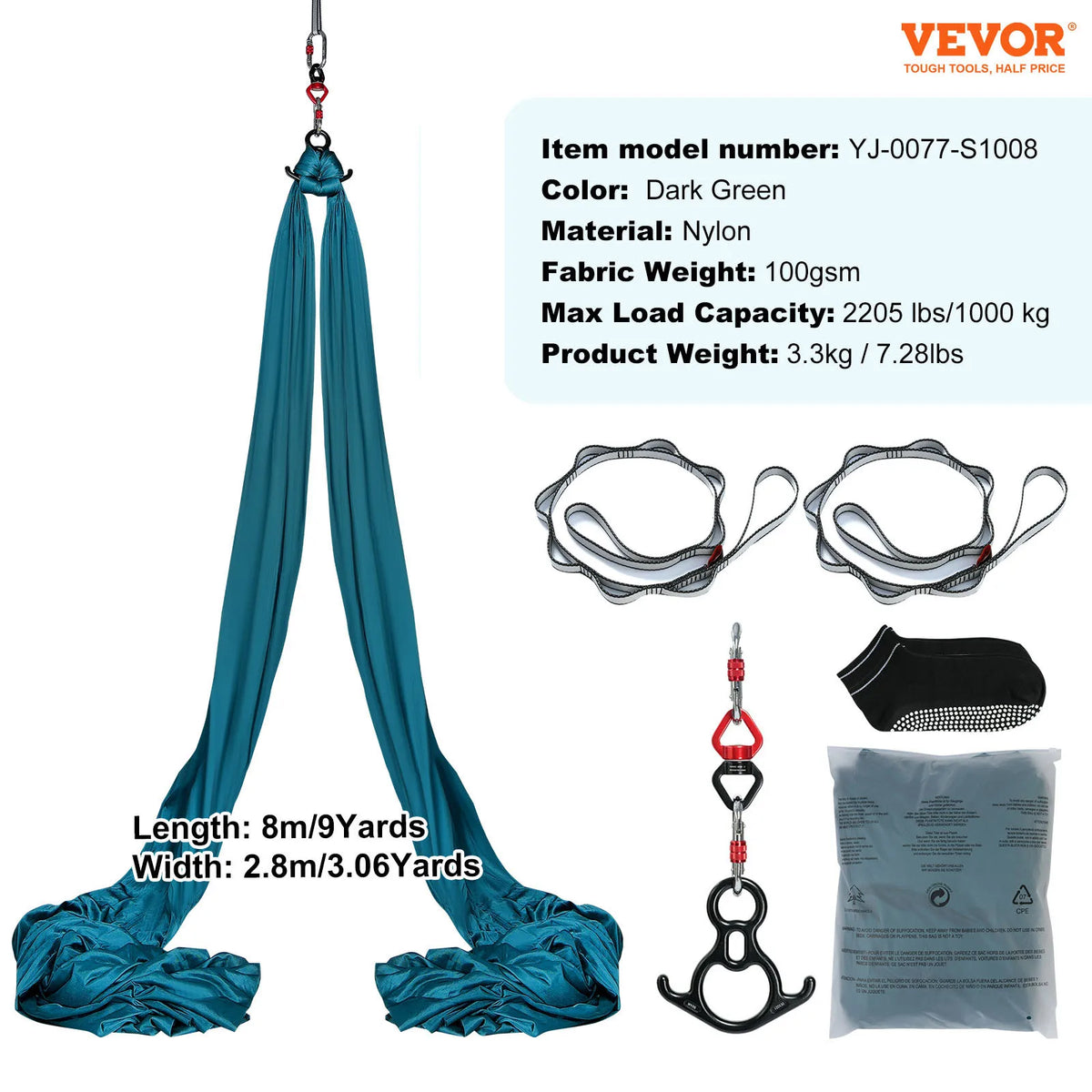 Dark green aerial yoga hammock silk with ceiling strap, carabiners, and accessory set