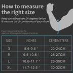 Elbow guard measuring chart diagram showing elbow angle and size table