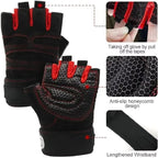 Black training gloves with red stitching, textured palm panel, and longer wristband