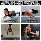 Wooden parallettes bars with black grip pads for push-up and handstand training