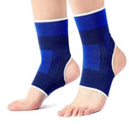 Pair of blue ankle guard sleeves with white edge trim, knit arch panels and heel openings