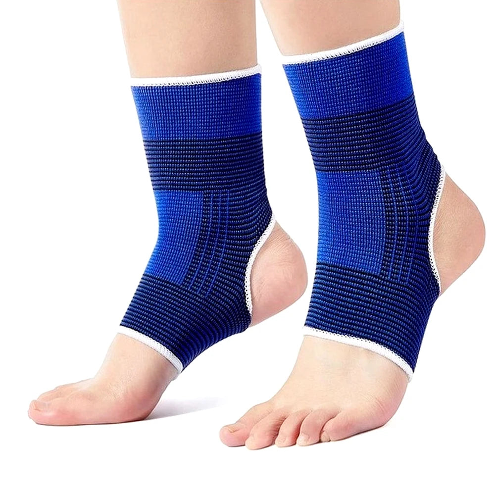 Pair of blue ankle guard sleeves with white edge trim, knit arch panels and heel openings