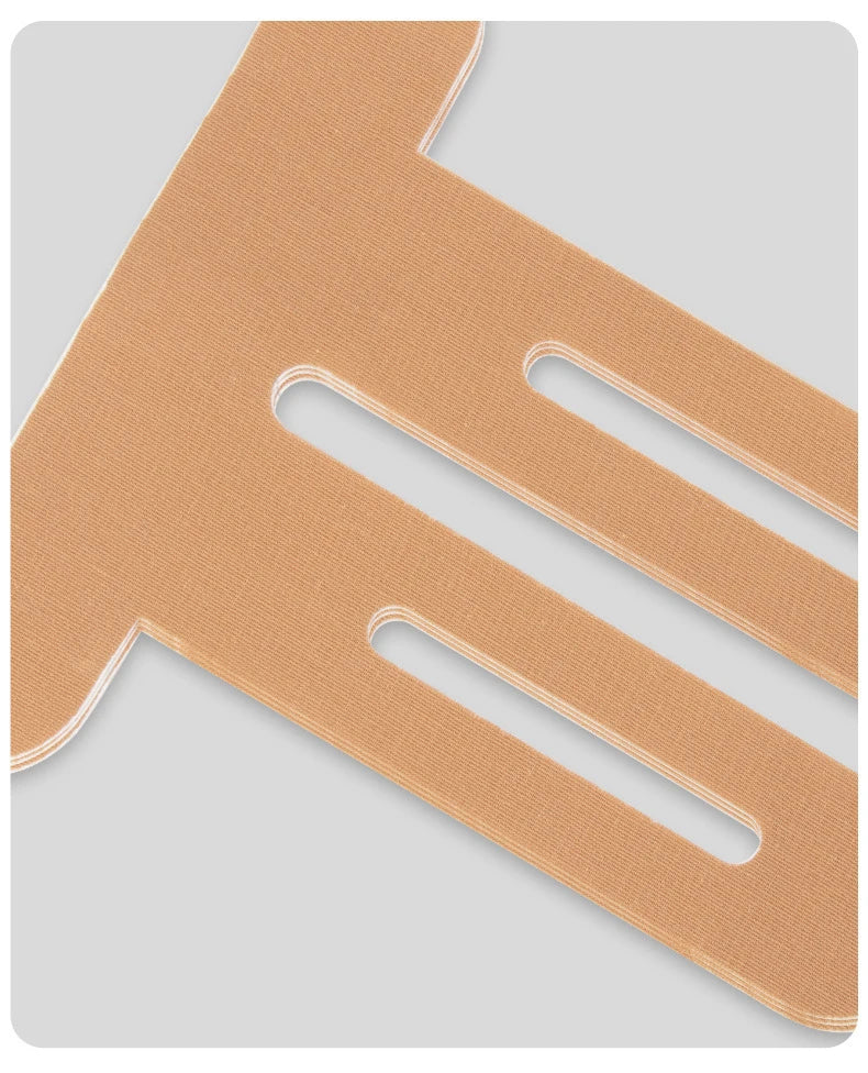 Beige precut knee tape strips with finger-loop cutouts
