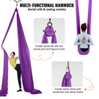 Purple aerial silk hammock with swivel joint and hanging carabiner strap