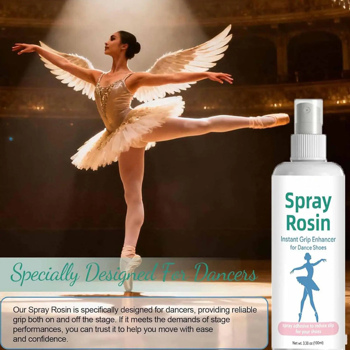 Rosin spray bottle next to ballet dancer, instant grip enhancer