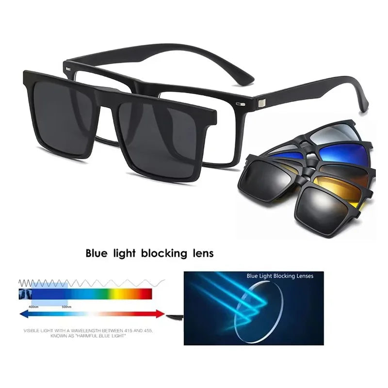 Black rectangular glasses with blue clip-on lens and extra tinted frames