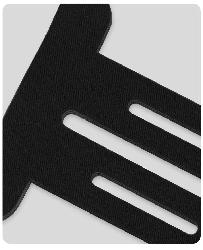 Black precut knee tape strips with finger-loop cutouts
