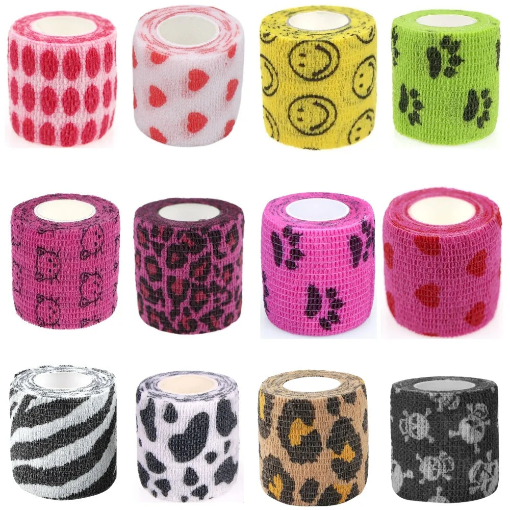 Assorted self-adhesive wrist bandage rolls with mixed patterns and colors
