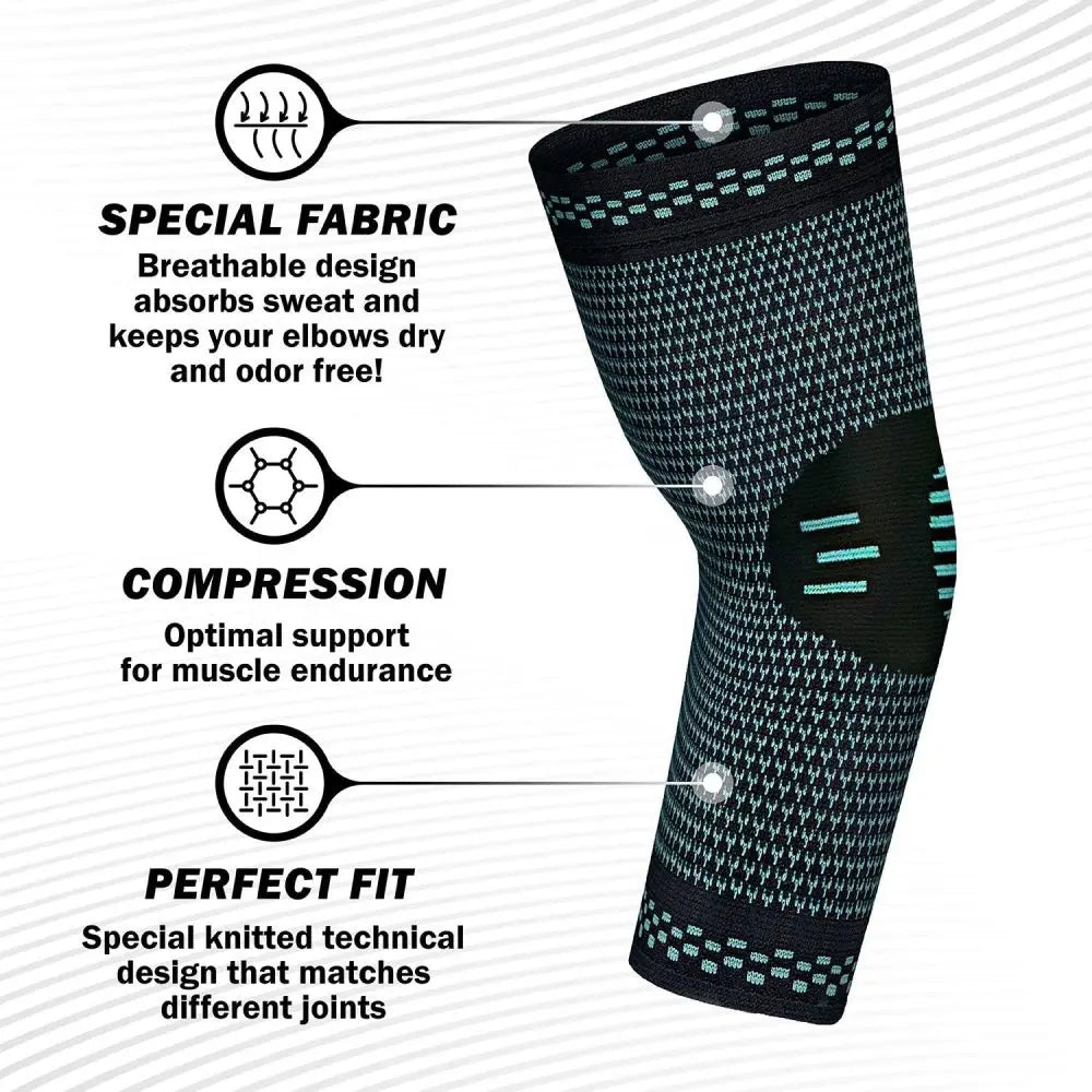 Compression elbow guards pair, dark mesh sleeves with teal accents shown in angled view