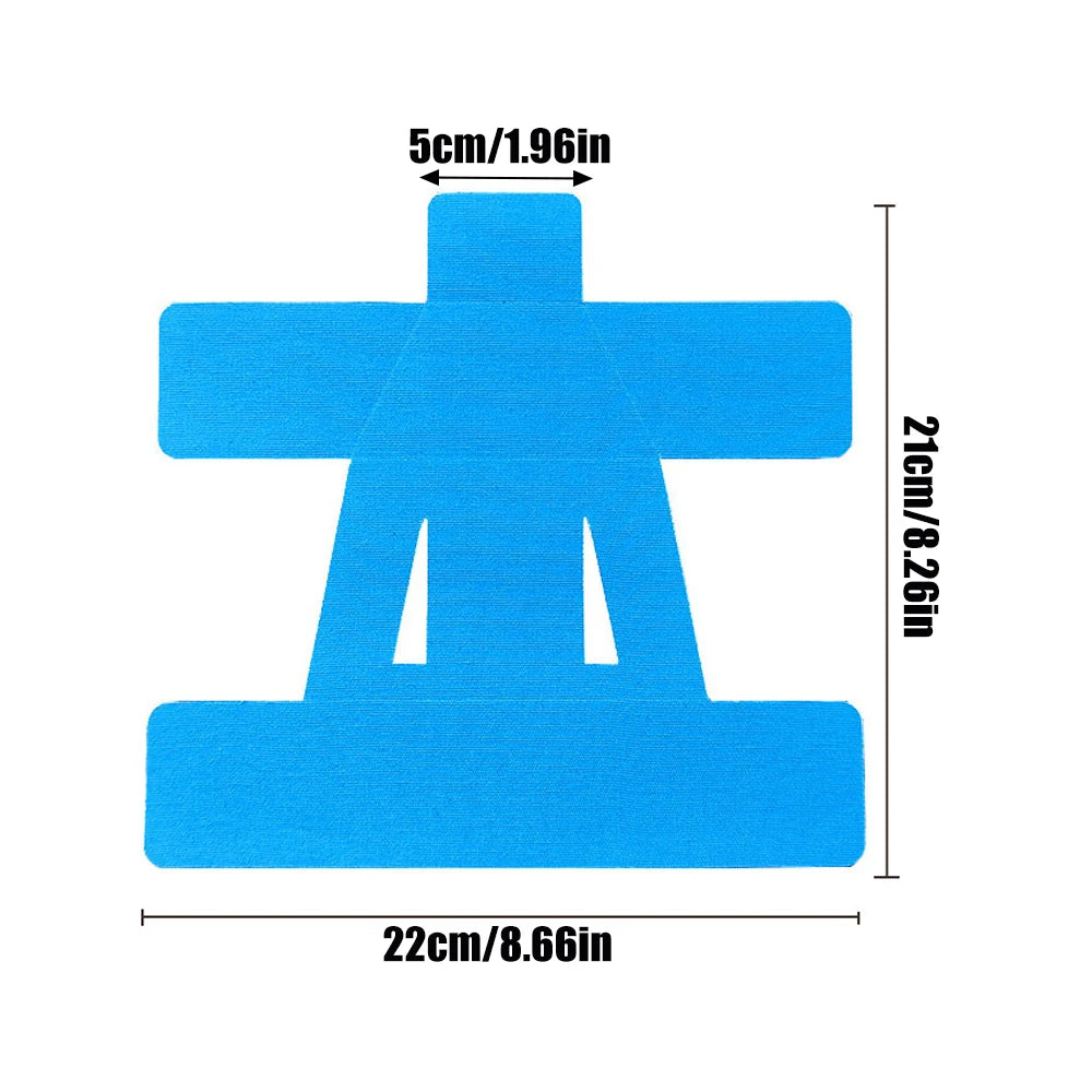 Blue kinesiology tape cross pattern with dimensions, 5cm by 22cm