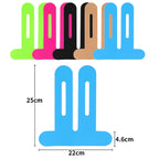 Precut knee kinesiology tape strips in multiple colors, labeled size diagram