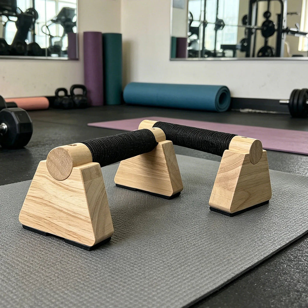 Wooden parallettes bars with black grip pads on arched bases for gym floor workouts