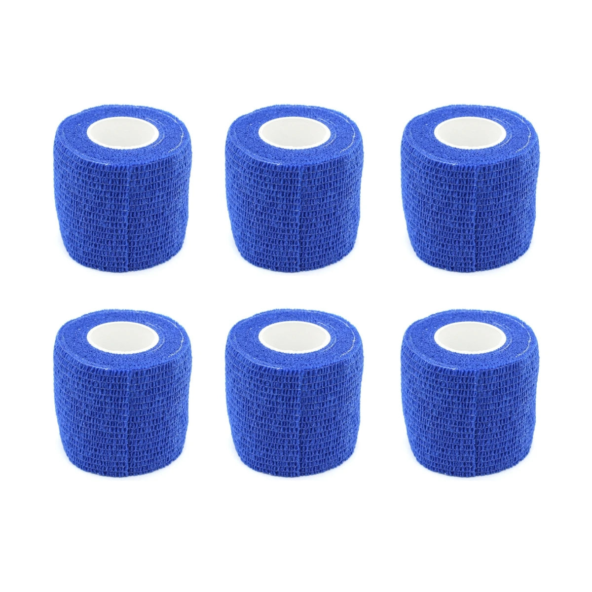 Set of royal blue self-adhesive wrist bandage rolls with white inner cores