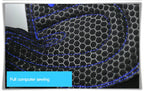 Close-up of black honeycomb palm with blue stitching seams