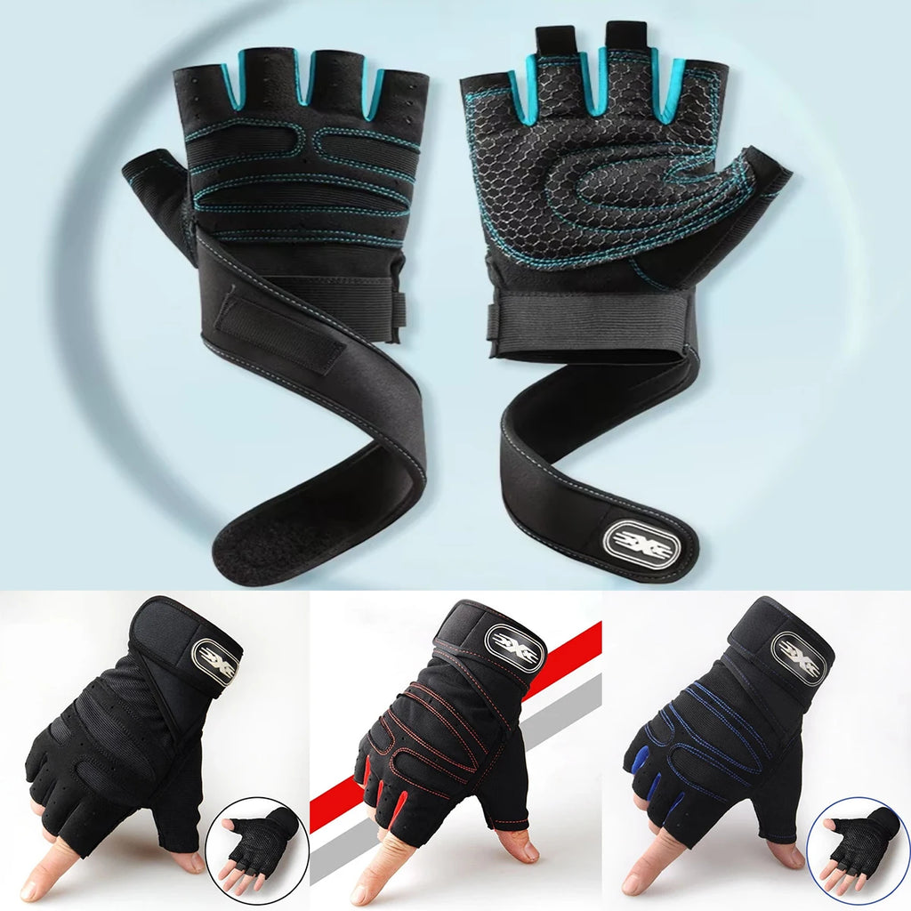 Pair of black training gloves with blue wrist ties and padded grip knuckles