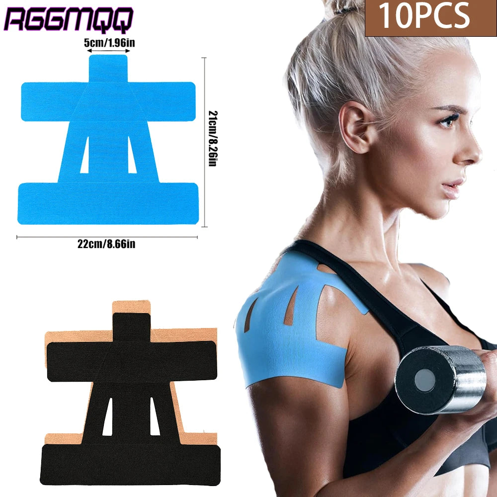 Blue kinesiology tape cross pads shown with black and beige pieces