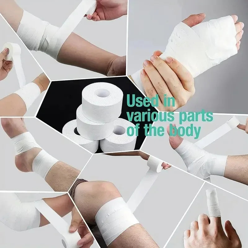 White sports strapping tape wraps across multiple body parts and joints