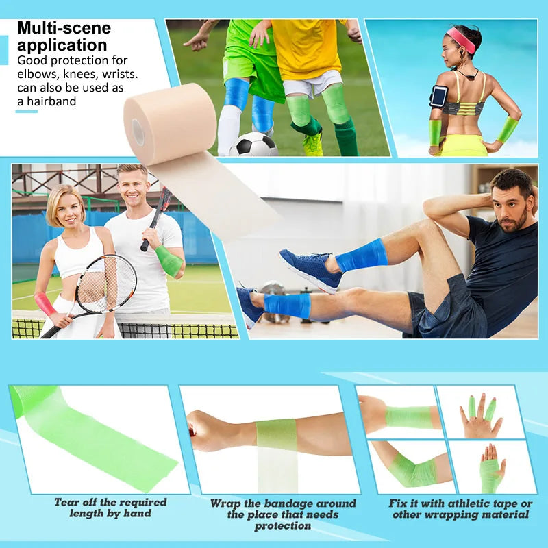 Foam underwrap tape rolls in tan and other colors shown with multiple sports scenes