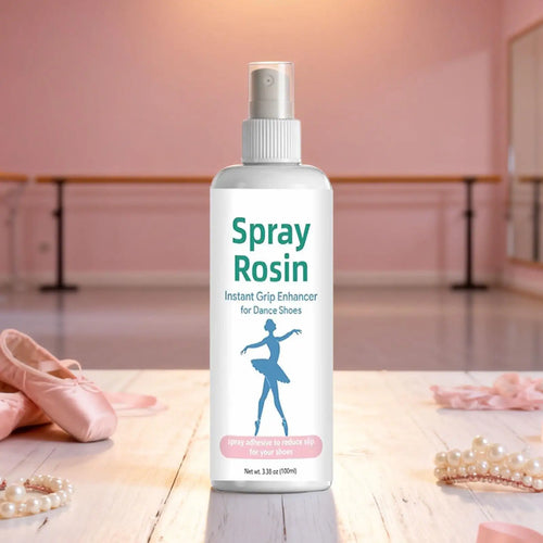White rosin grip spray bottle with pump, shown with pale ballet shoes and beads