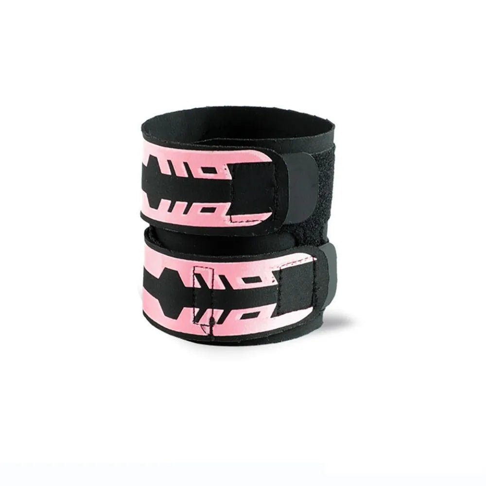 Pink wrist brace pair with black straps and pink graphic lettering, stacked