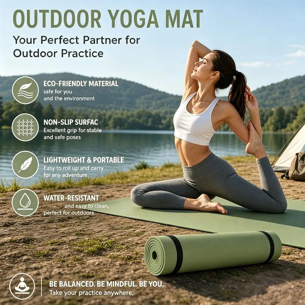 Outdoor olive green yoga mat rolled, with woman stretching on the mat