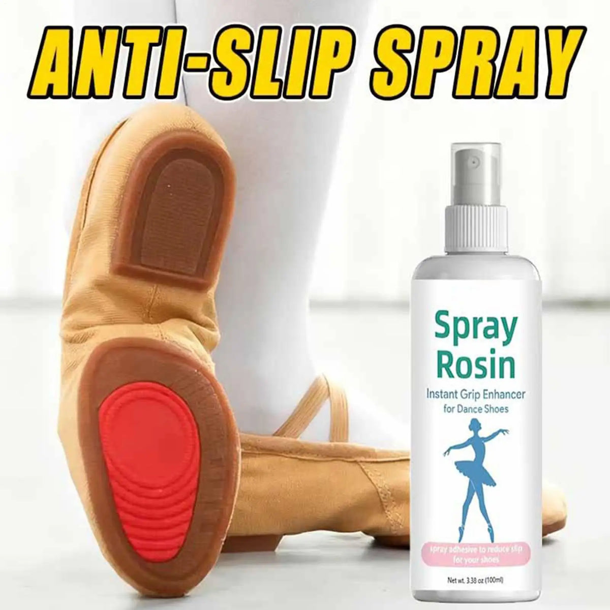 Anti-slip rosin spray bottle beside ballet flat shoe