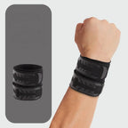 Black wrist brace pair with two adjustable straps wrapped around the hand and wrist