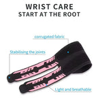 Breathable wrist brace pair in black with pink lettering and double-strap design
