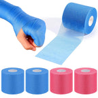 Blue foam underwrap tape roll with a hand applying tape; small rolls show blue and pink