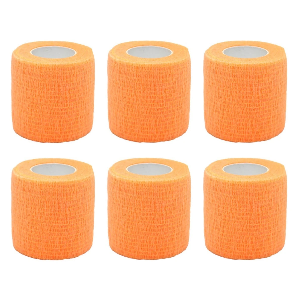 Set of orange self-adhesive wrist bandage rolls with white inner cores