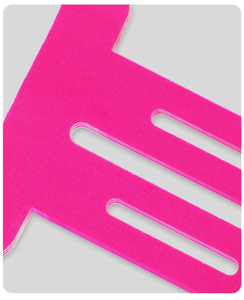 Pink precut knee tape strips with finger-loop cutouts