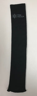 Black Kevlar fire performer sleeve, long tube shape with Fire Mecca logo.