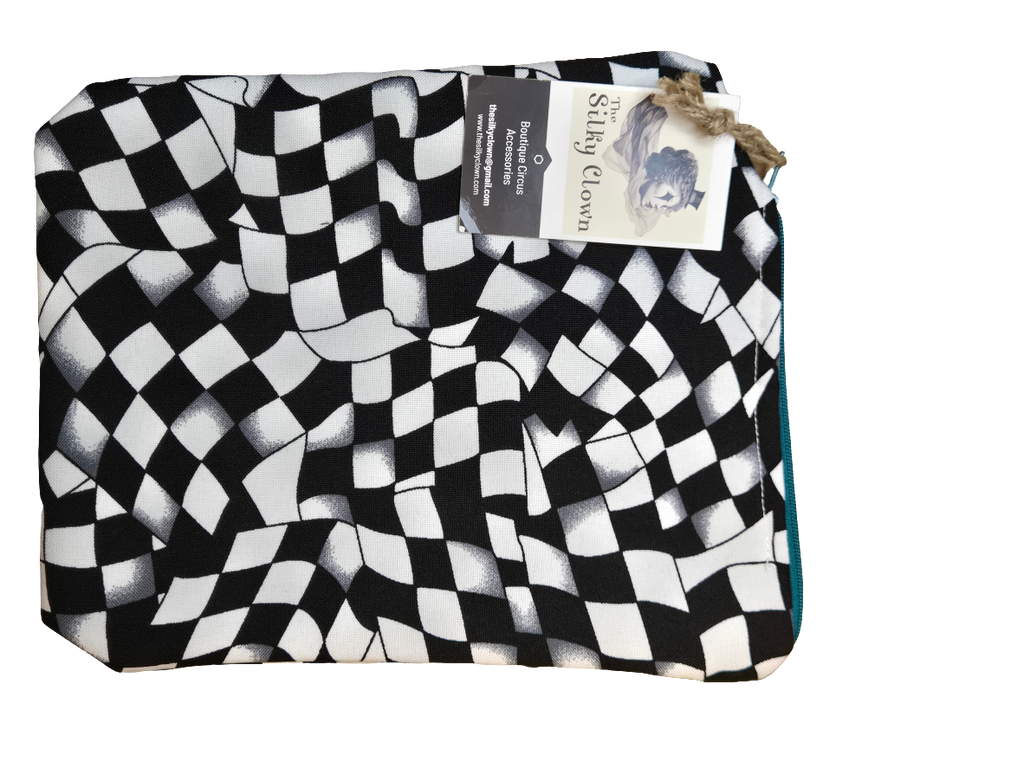 Black-and-white checker pattern cloth gear bag with drawstring and fabric loop pull