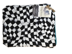 Black-and-white checker pattern cloth gear bag with drawstring and fabric loop pull