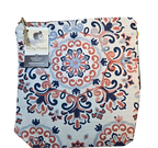 Handmade cloth gear bag with colorful floral scroll pattern and fabric handle tabs